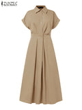 Women Summer OL Work Dress ZANZEA Elegant Short Sleeve Office Sundress Casual Solid A Line Buttons Holiday Vestidos Kaftan Robe