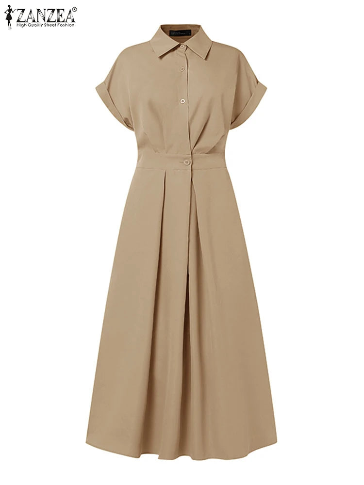 Women Summer OL Work Dress ZANZEA Elegant Short Sleeve Office Sundress Casual Solid A Line Buttons Holiday Vestidos Kaftan Robe