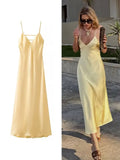 TRAFZA Women Summer Yellow Stain V Neck Sling Dress Elegant Sleeveless Loose Maxi Robes 2025 New Ladies Party Holiday Dresses