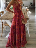 Summer New Women's Fashion Bohemian Style Sexy V-neck Sleeveless Strap High Waist Printed Floral Long Dress