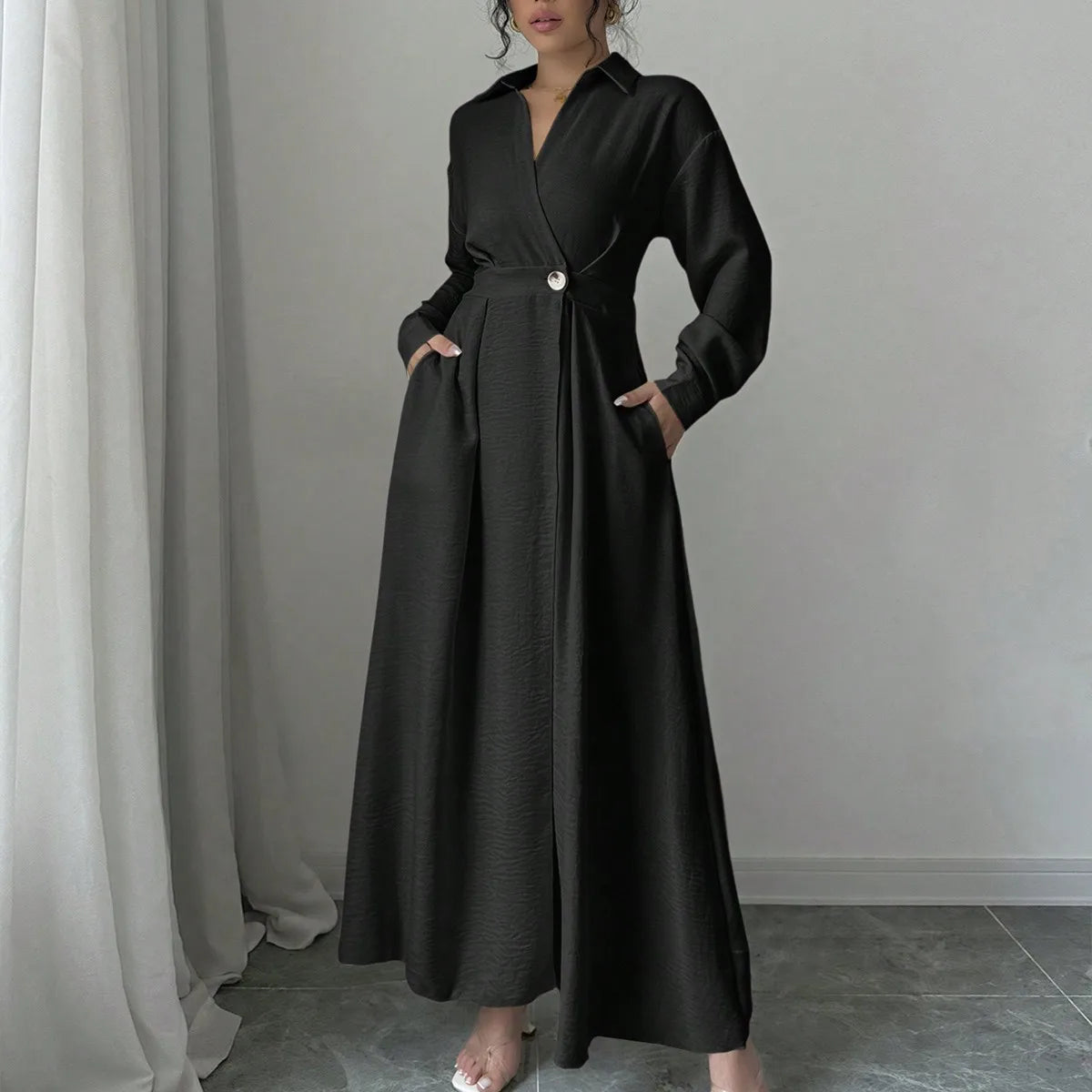 Women's leisure elegant long dress long fashionable loose shirt knee length: rolled up sleeves design   A-line hem,