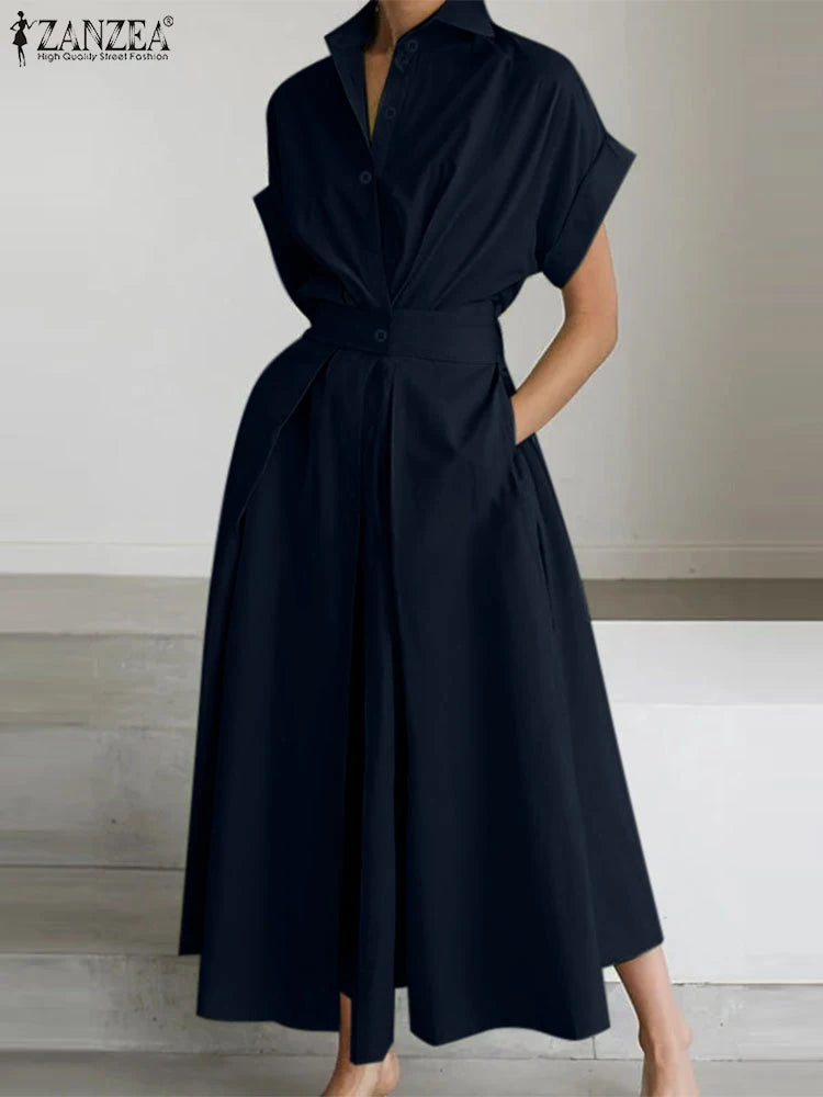 Women Summer OL Work Dress ZANZEA Elegant Short Sleeve Office Sundress Casual Solid A Line Buttons Holiday Vestidos Kaftan Robe