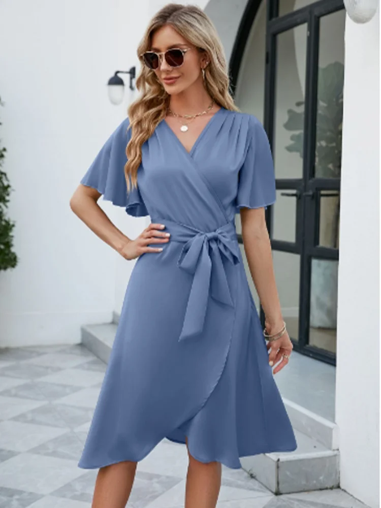 Solid Color Horn Short Sleeved V-neck Lace Up Women's Dress Fashionable Street Elegant Commuting Style Summer Dress