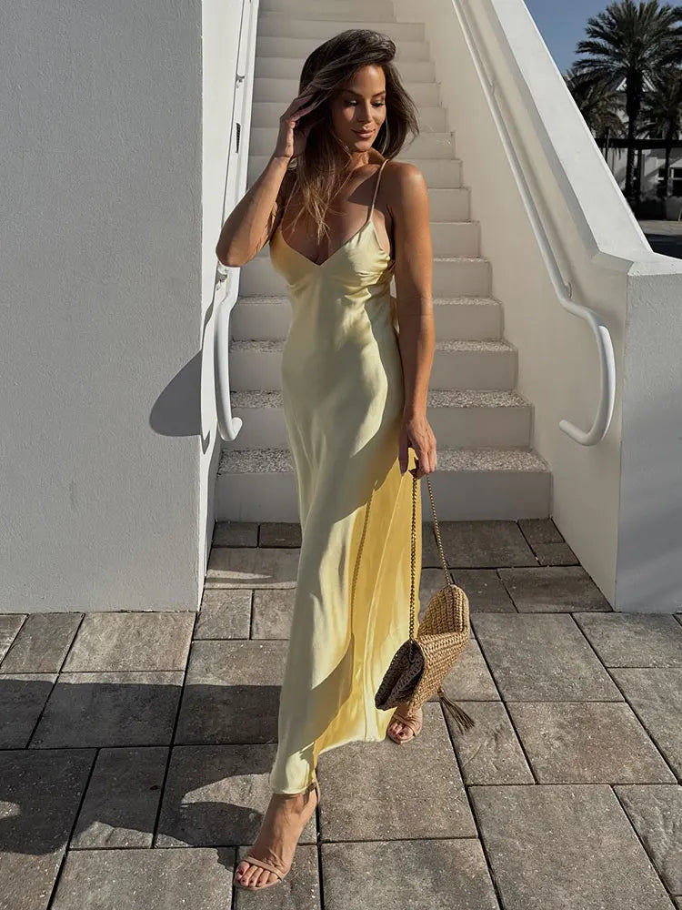 TRAFZA Women Summer Yellow Stain V Neck Sling Dress Elegant Sleeveless Loose Maxi Robes 2025 New Ladies Party Holiday Dresses