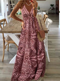 Summer New Women's Fashion Bohemian Style Sexy V-neck Sleeveless Strap High Waist Printed Floral Long Dress
