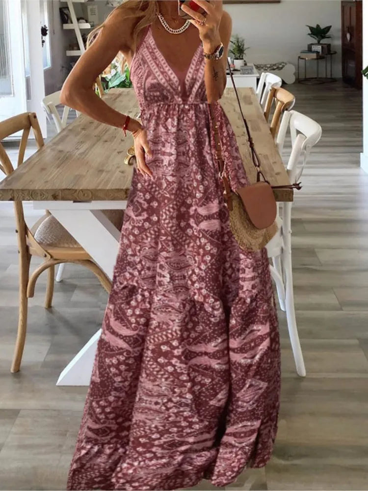 Summer New Women's Fashion Bohemian Style Sexy V-neck Sleeveless Strap High Waist Printed Floral Long Dress