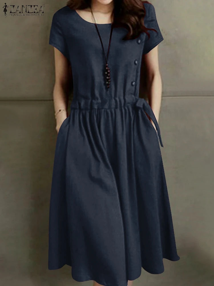 ZANZEA Summer Vintage Cotton Dress Women Short Sleeve Solid Drawstring Waist Sundress Fashion Casual Knee-length Vestidos Kaftan