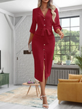 Office Lady V-neck Solid Color Shirts Style Dress Women's Long Sleeved Button Lace Up Dress Elegant Autumn Spring Dresses