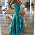 Summer New Women's Fashion Bohemian Style Sexy V-neck Sleeveless Strap High Waist Printed Floral Long Dress