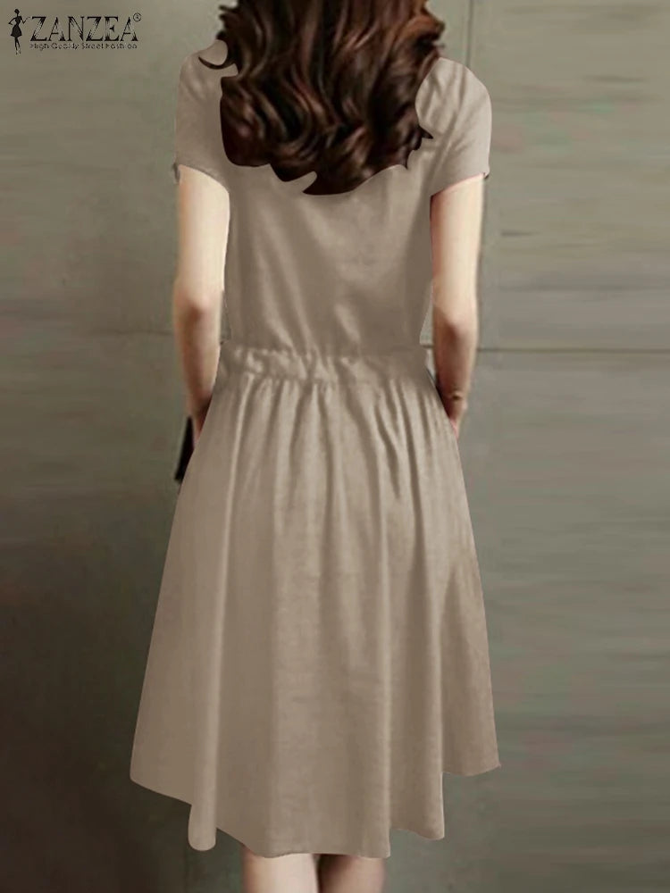 ZANZEA Summer Vintage Cotton Dress Women Short Sleeve Solid Drawstring Waist Sundress Fashion Casual Knee-length Vestidos Kaftan