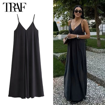 TRAF Black Slip Long Dresses for Women Red Draped Summer Dress Woman 2024 Sexy Backless Maxi Dress Women Summer Beach Dresses