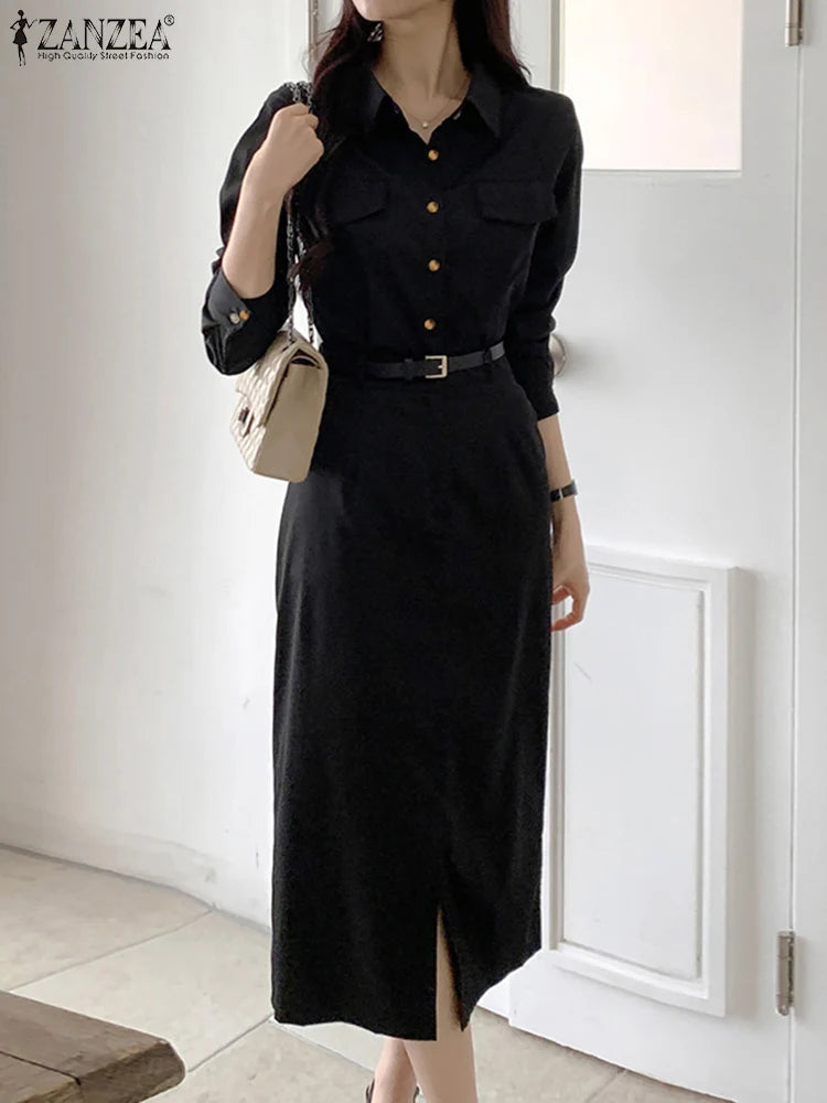 ZANZEA 2025 Summer Elegant Solid Dress Women Office Lady Midi Spilt Sundress Casual Lapel Long Sleeve Waisted No Belted Vestido