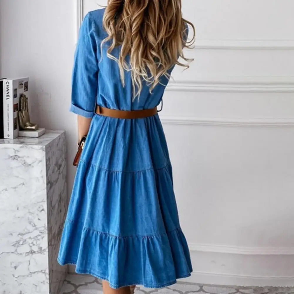 Denim Dress Three Quarter Sleeve with Belt Turn-down Collar Spring Autumn Buttons Ruffle Jeans Dresses for women 2023