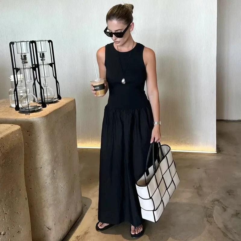 TRAF Khaki Elegant Long Dresses 2025 Women's Spring Sleeveless Black Dresses Fashion Casual Party Y2k Dress Vestidos For Female
