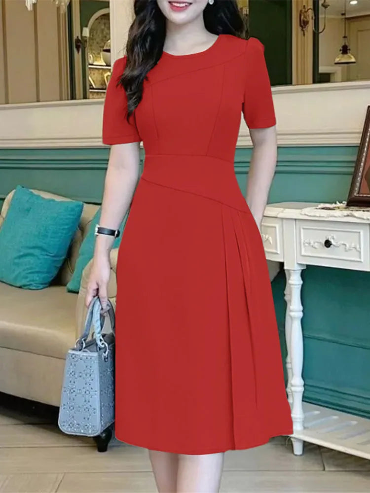 ZANZEA Elegant Office Women Dresses Summer Stylish Solid Party Work Dress Fashion Short Sleeve Pleated Vestidos Midi Sundress