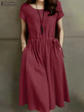 ZANZEA Summer Vintage Cotton Dress Women Short Sleeve Solid Drawstring Waist Sundress Fashion Casual Knee-length Vestidos Kaftan