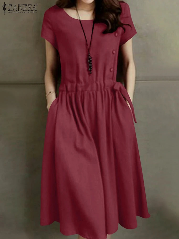 ZANZEA Summer Vintage Cotton Dress Women Short Sleeve Solid Drawstring Waist Sundress Fashion Casual Knee-length Vestidos Kaftan