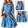 Denim Dress Three Quarter Sleeve with Belt Turn-down Collar Spring Autumn Buttons Ruffle Jeans Dresses for women 2023