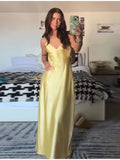 TRAFZA Women Summer Yellow Stain V Neck Sling Dress Elegant Sleeveless Loose Maxi Robes 2025 New Ladies Party Holiday Dresses