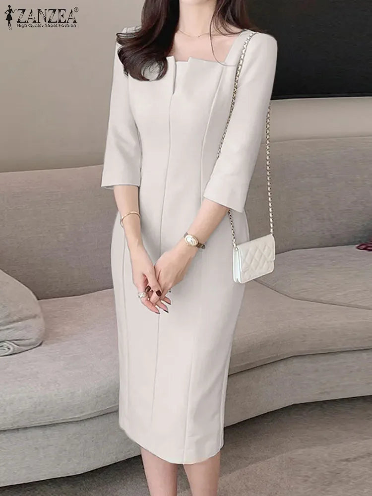 ZANZEA Summer Women 3/4 Sleeve Party Sundress Solid OL Work Vestidos Elegant Square Neck Slim Dress 2024 Fashion Pencil Dresses