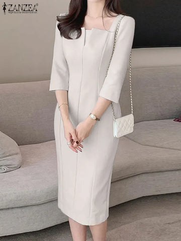ZANZEA Summer Women 3/4 Sleeve Party Sundress Solid OL Work Vestidos Elegant Square Neck Slim Dress 2024 Fashion Pencil Dresses