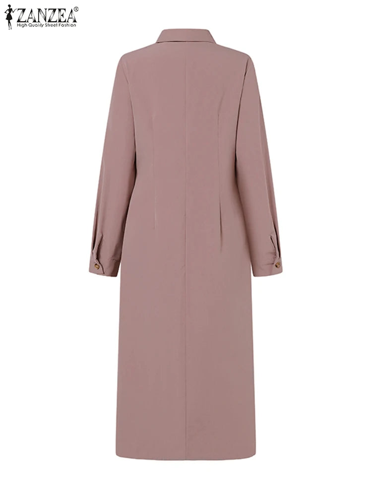 ZANZEA 2025 Summer Elegant Solid Dress Women Office Lady Midi Spilt Sundress Casual Lapel Long Sleeve Waisted No Belted Vestido