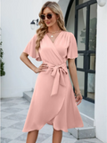 Solid Color Horn Short Sleeved V-neck Lace Up Women's Dress Fashionable Street Elegant Commuting Style Summer Dress