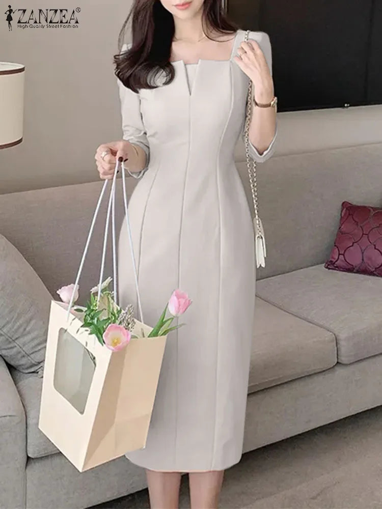 ZANZEA Summer Women 3/4 Sleeve Party Sundress Solid OL Work Vestidos Elegant Square Neck Slim Dress 2024 Fashion Pencil Dresses