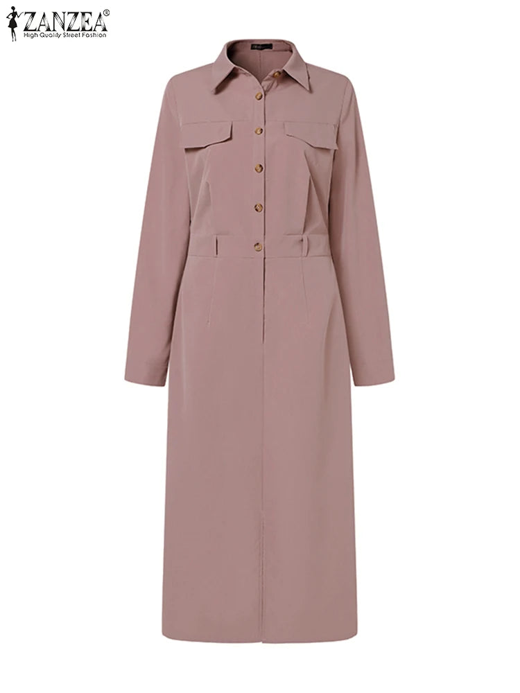 ZANZEA 2025 Summer Elegant Solid Dress Women Office Lady Midi Spilt Sundress Casual Lapel Long Sleeve Waisted No Belted Vestido