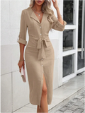 Office Lady V-neck Solid Color Shirts Style Dress Women's Long Sleeved Button Lace Up Dress Elegant Autumn Spring Dresses