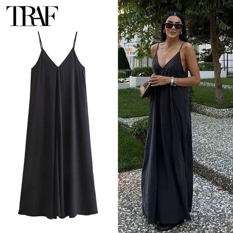 TRAF Black Slip Long Dresses for Women Red Draped Summer Dress Woman 2024 Sexy Backless Maxi Dress Women Summer Beach Dresses