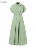 Women Summer OL Work Dress ZANZEA Elegant Short Sleeve Office Sundress Casual Solid A Line Buttons Holiday Vestidos Kaftan Robe