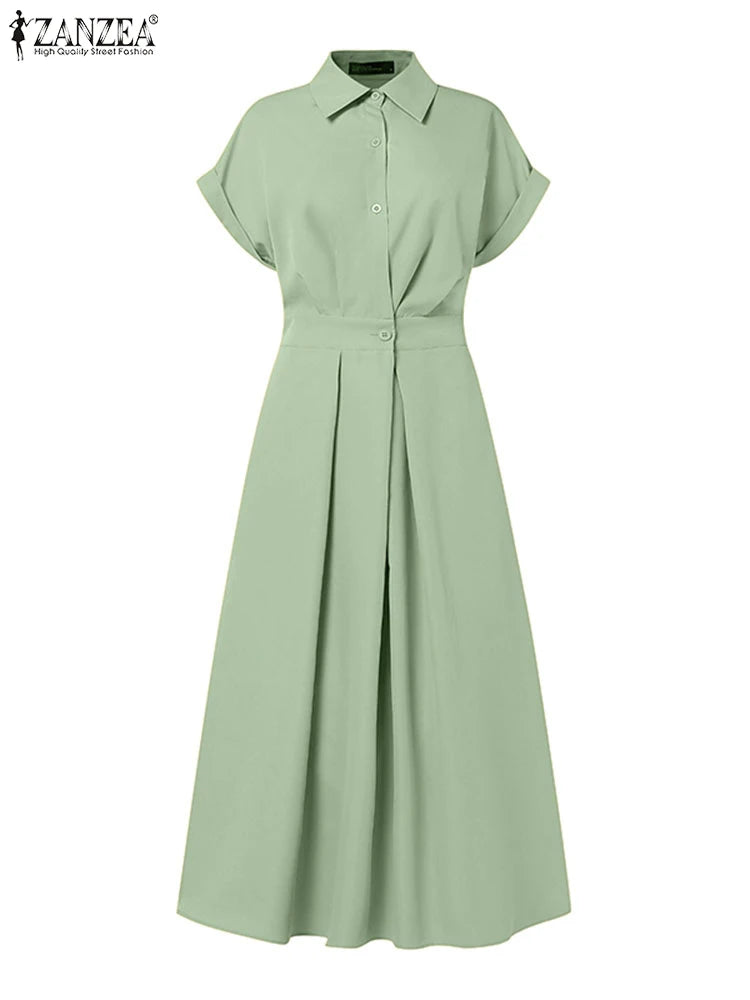 Women Summer OL Work Dress ZANZEA Elegant Short Sleeve Office Sundress Casual Solid A Line Buttons Holiday Vestidos Kaftan Robe