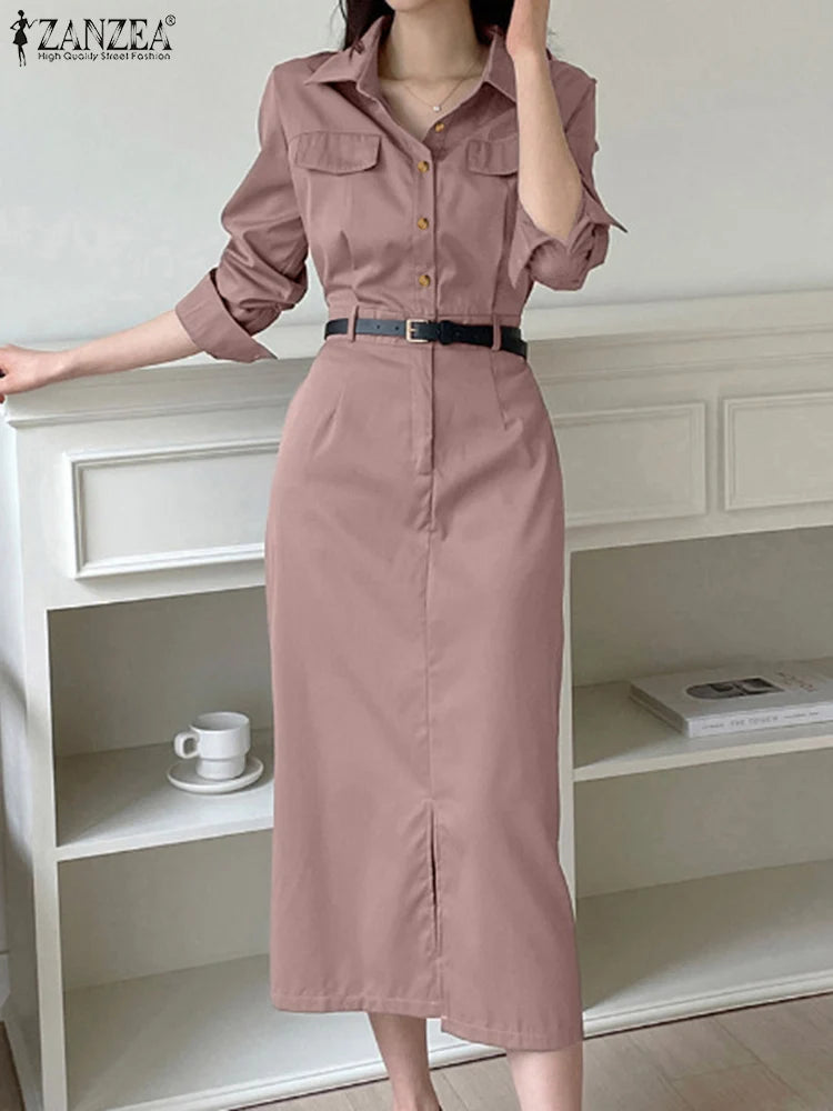 ZANZEA 2025 Summer Elegant Solid Dress Women Office Lady Midi Spilt Sundress Casual Lapel Long Sleeve Waisted No Belted Vestido