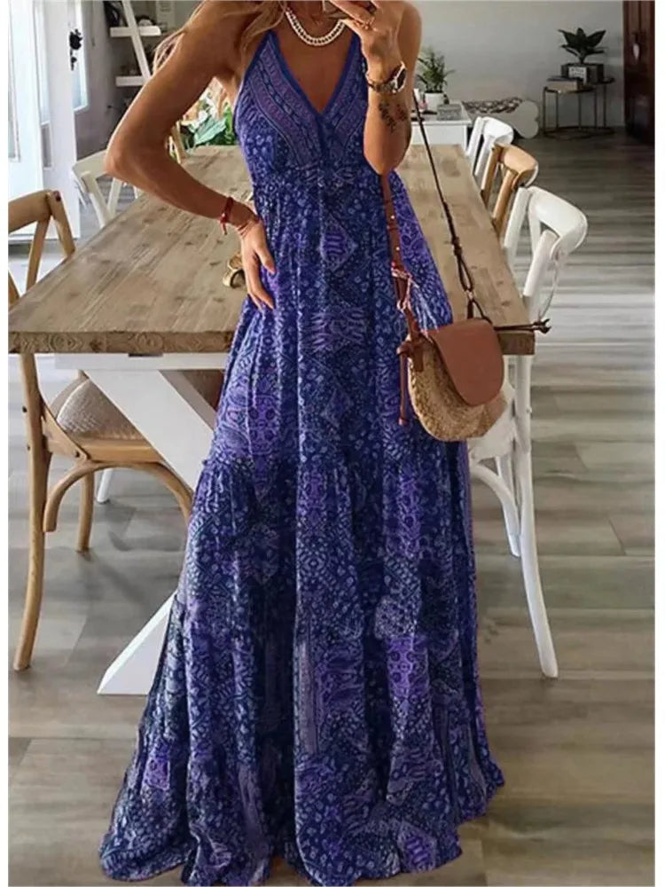 Summer New Women's Fashion Bohemian Style Sexy V-neck Sleeveless Strap High Waist Printed Floral Long Dress