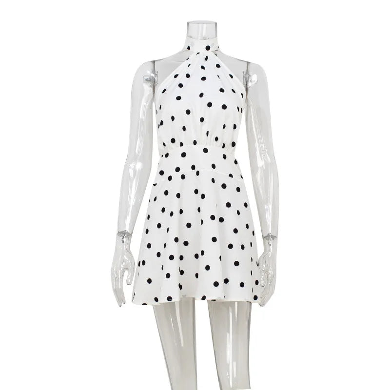 Vacation Style Polka Dot Print Halter Neck Mini Dresses Women Summer Fashion Backless Leace-up A-line Dress Chic Lady Vestidos