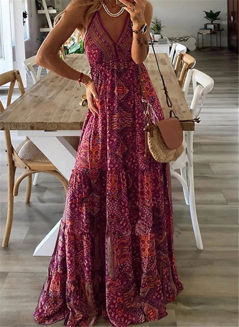 Summer New Women's Fashion Bohemian Style Sexy V-neck Sleeveless Strap High Waist Printed Floral Long Dress
