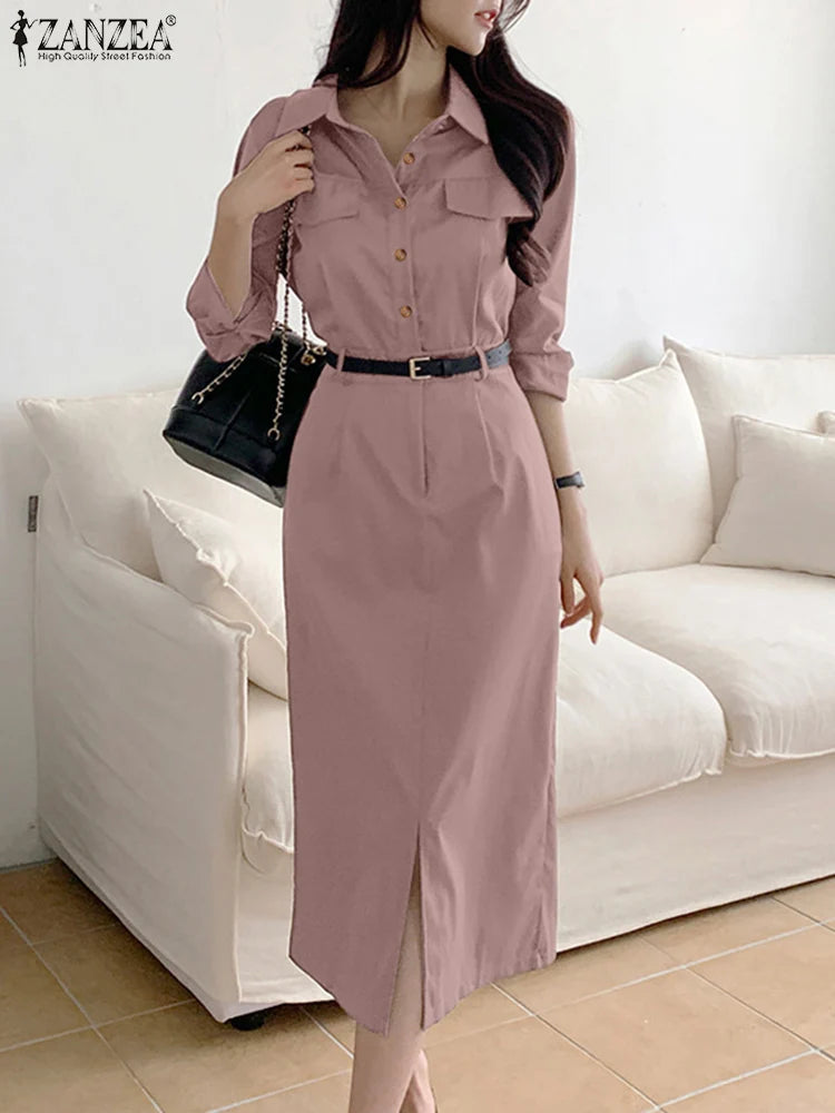 ZANZEA 2025 Summer Elegant Solid Dress Women Office Lady Midi Spilt Sundress Casual Lapel Long Sleeve Waisted No Belted Vestido