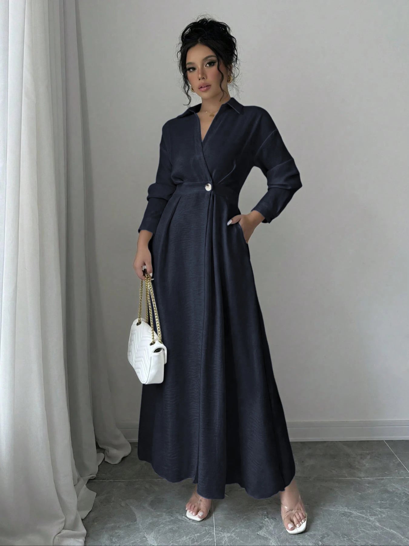 Women's leisure elegant long dress long fashionable loose shirt knee length: rolled up sleeves design   A-line hem,