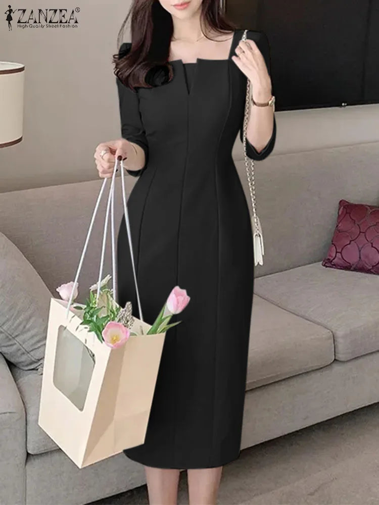 ZANZEA Summer Women 3/4 Sleeve Party Sundress Solid OL Work Vestidos Elegant Square Neck Slim Dress 2024 Fashion Pencil Dresses