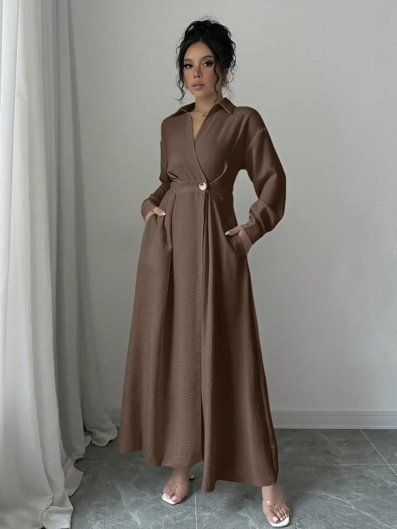 Women's leisure elegant long dress long fashionable loose shirt knee length: rolled up sleeves design   A-line hem,