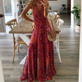 Summer New Women's Fashion Bohemian Style Sexy V-neck Sleeveless Strap High Waist Printed Floral Long Dress