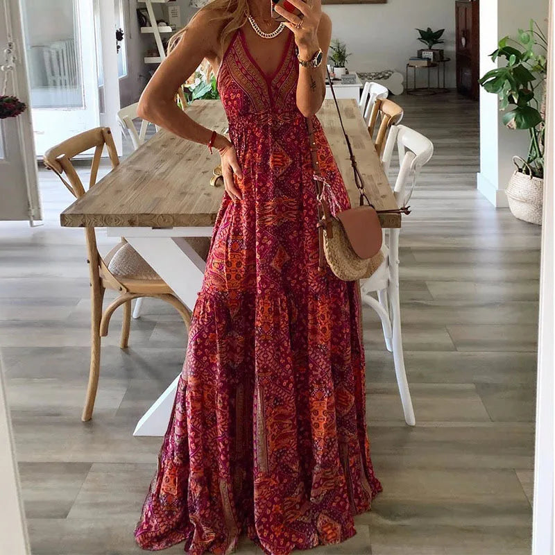 Summer New Women's Fashion Bohemian Style Sexy V-neck Sleeveless Strap High Waist Printed Floral Long Dress
