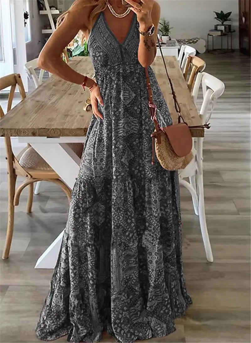 Summer New Women's Fashion Bohemian Style Sexy V-neck Sleeveless Strap High Waist Printed Floral Long Dress