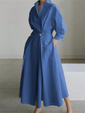 Women's leisure elegant long dress long fashionable loose shirt knee length: rolled up sleeves design   A-line hem,