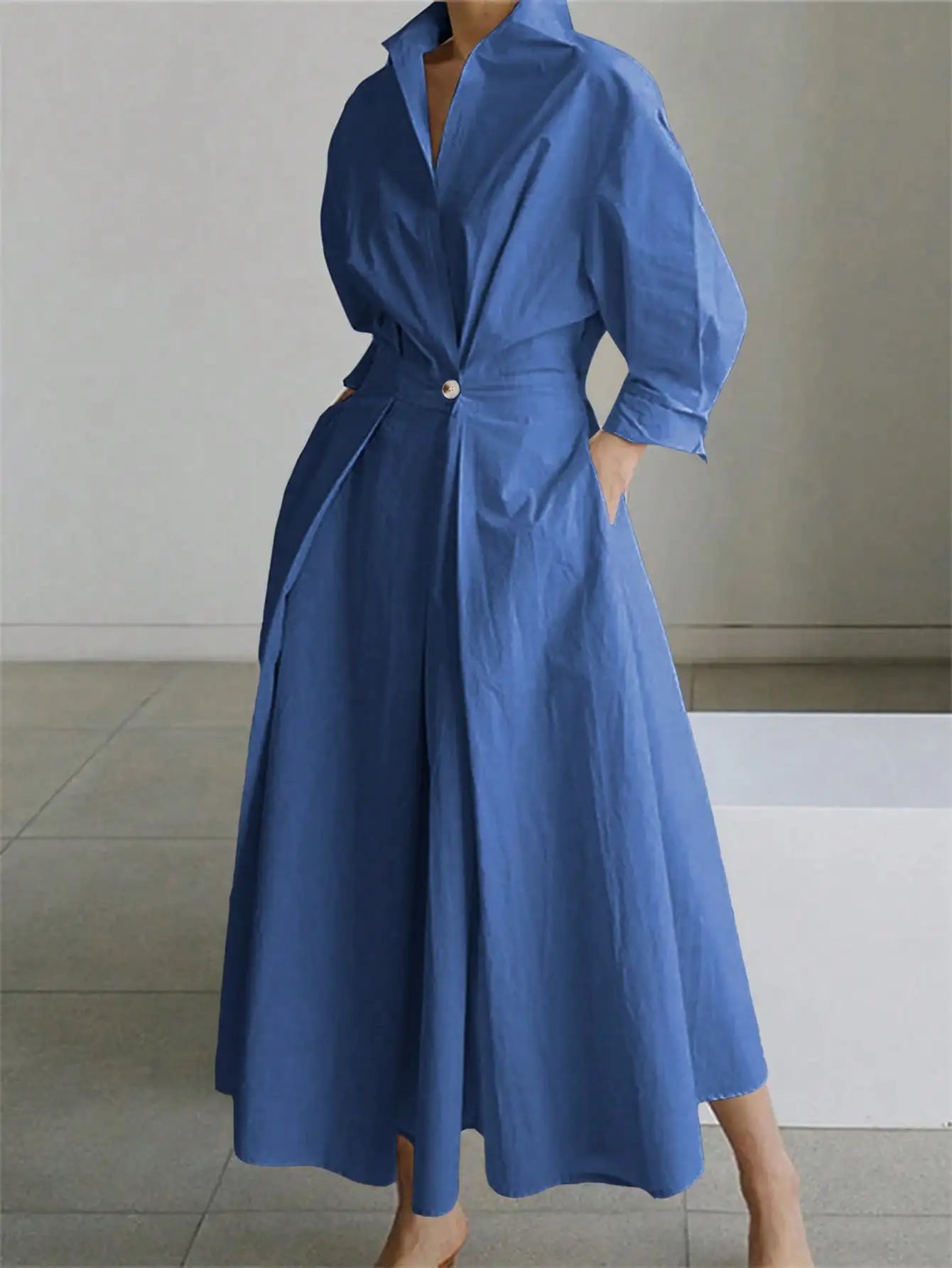 Women's leisure elegant long dress long fashionable loose shirt knee length: rolled up sleeves design   A-line hem,