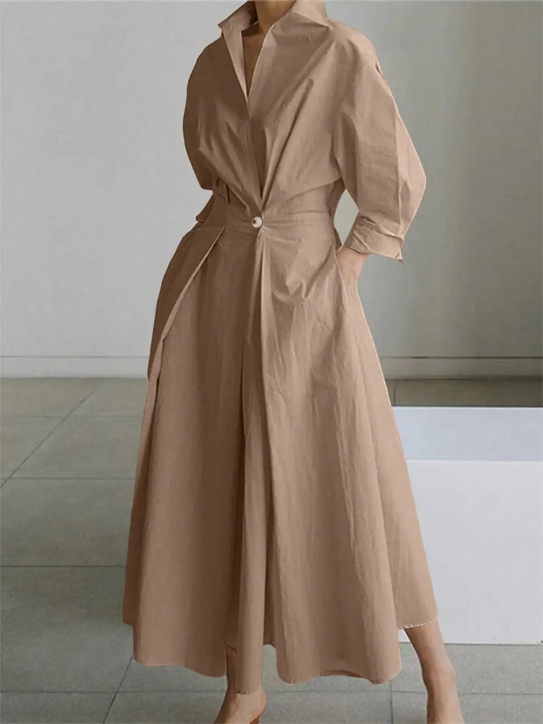 Women's leisure elegant long dress long fashionable loose shirt knee length: rolled up sleeves design   A-line hem,