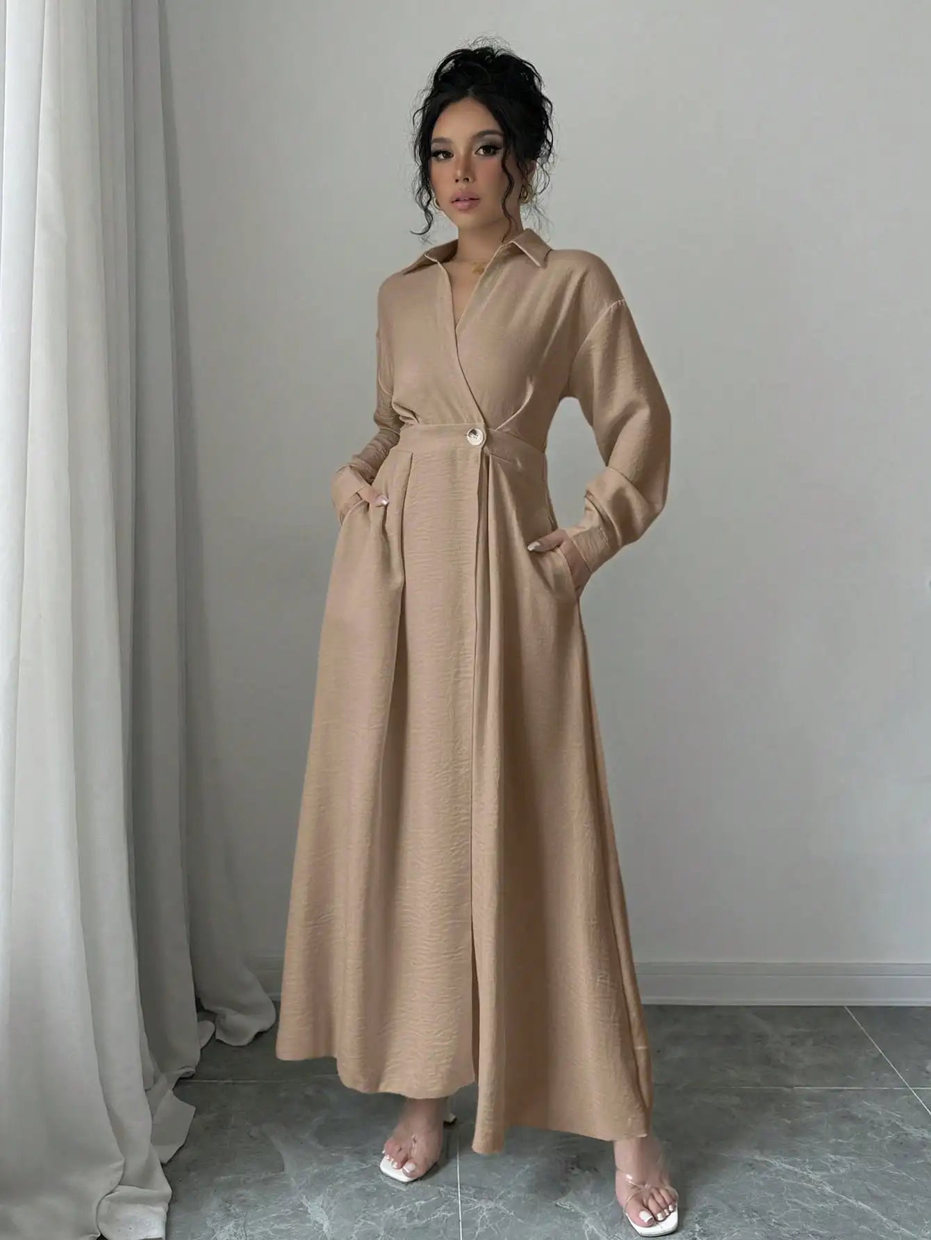 Women's leisure elegant long dress long fashionable loose shirt knee length: rolled up sleeves design   A-line hem,